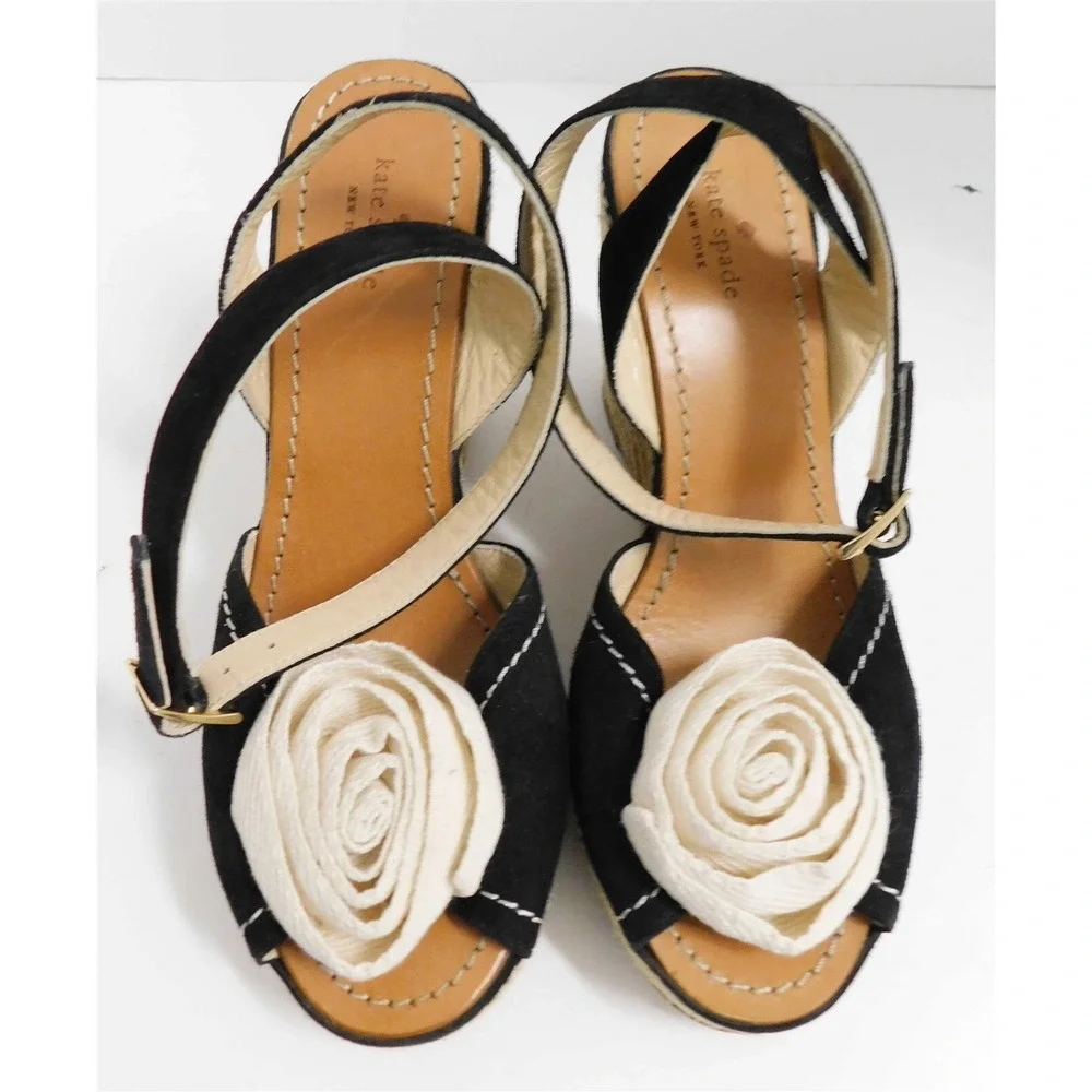 Kate Spade Britt Black‎ Nubuck Rosette Espadrille Wedge Heels 8.5 M